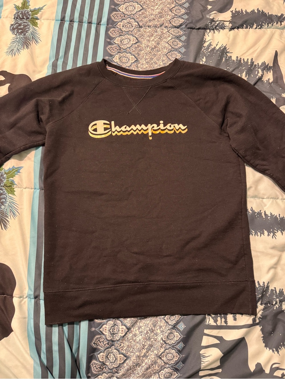 Champion Black Crewneck Sweatshirt with Gold Logo Script